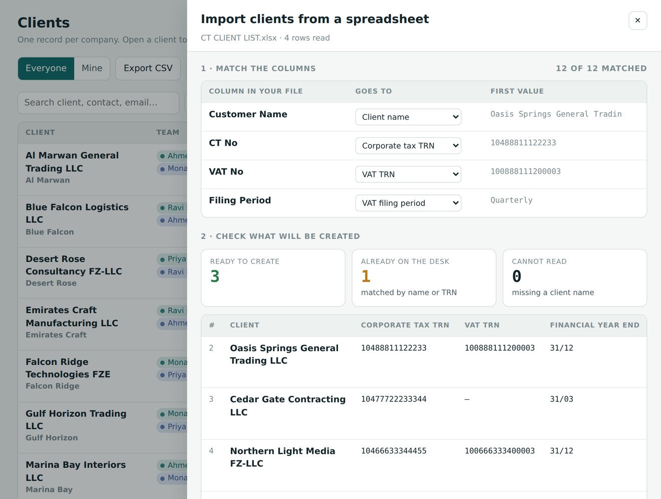 The importer: your spreadsheet columns matched to Accountive fields, with counts of what is new, what is already on the desk and what cannot be read.