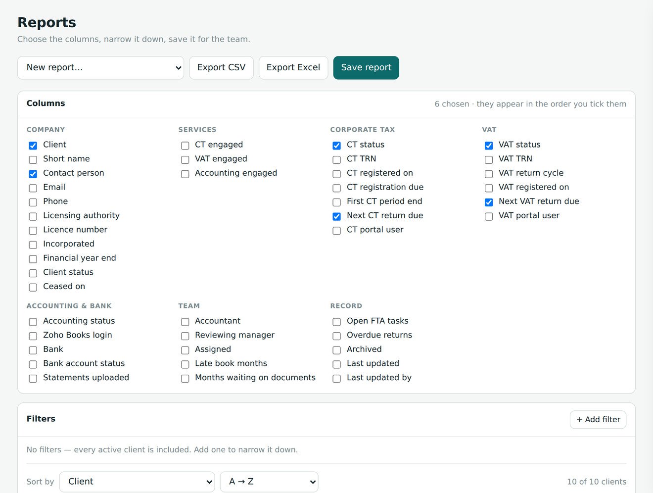 The report builder: a column picker grouped by area, filters, and the resulting client table.