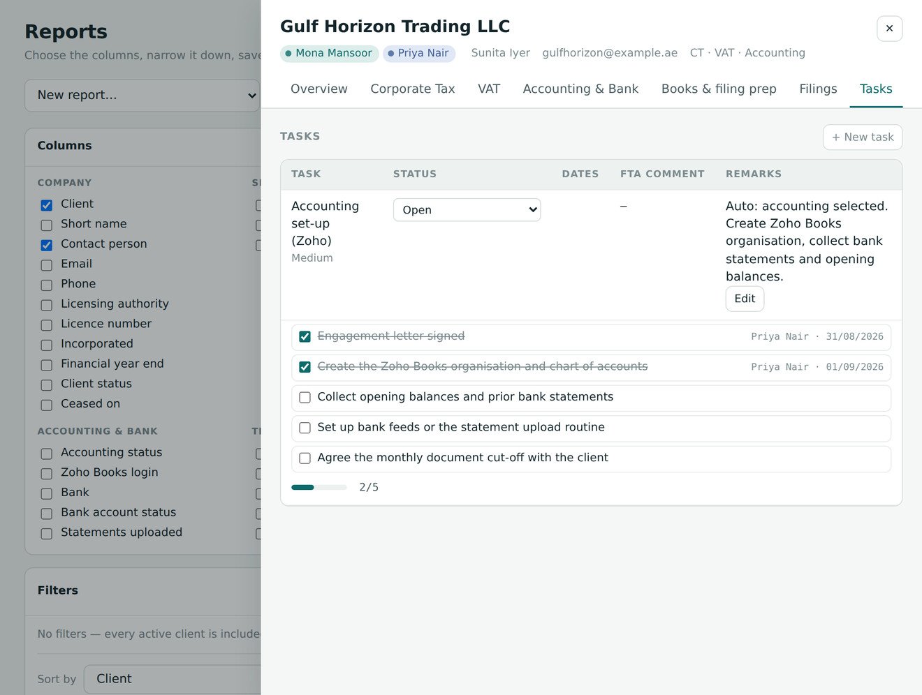 A client record open on the Tasks tab, each task showing a checklist of steps with who ticked them and when.