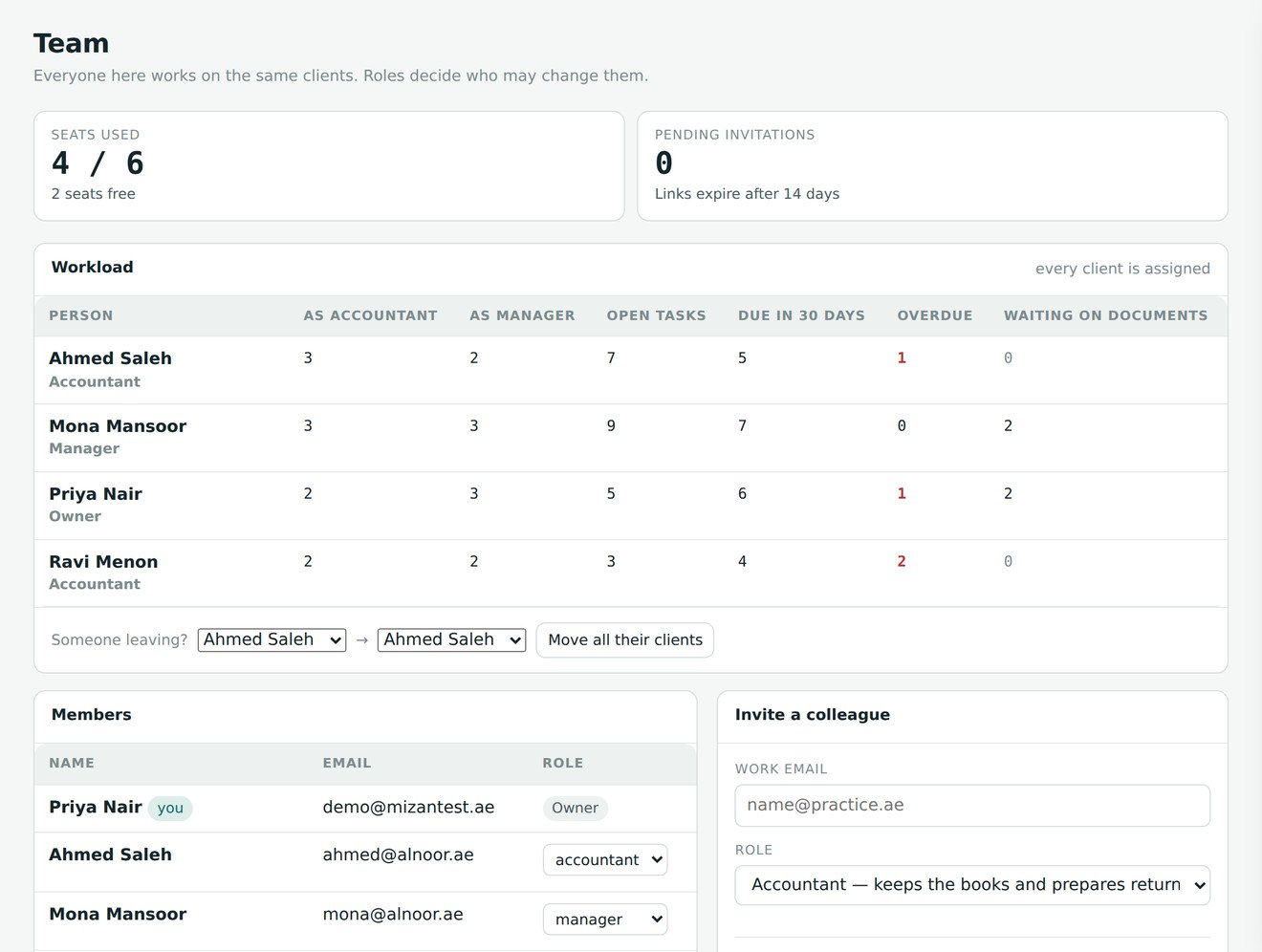 The Team page: workload per person and the member list with access levels.